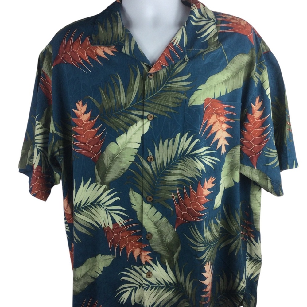 Tommy Bahama Hawaiian Blue and Green Leaf Print Silk‎ Shirt, Size XL